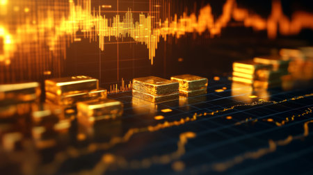 A close-up of a gold price chart displayed on a computer screen, showing fluctuating data and trends with gold bars in the background, emphasizing market analysis.の素材