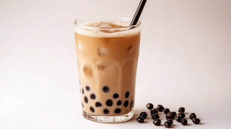 A clear glass of classic brown sugar bubble tea with visible tapioca pearls and a wide straw, placed on a white background, highlighting its creamy texture and refreshing look.の素材