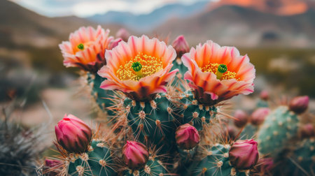 A blooming cactus with vibrant flowers, standing out against an arid background.の素材