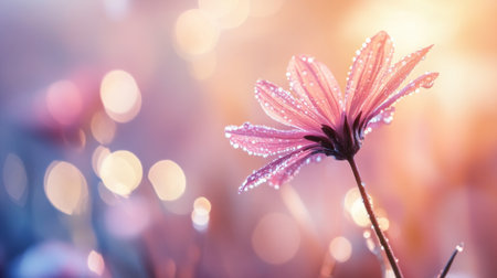An artistic composition of a single flower stem with dew-covered petals against a blurred background, capturing the freshness of nature and the beauty of early mornings.の素材