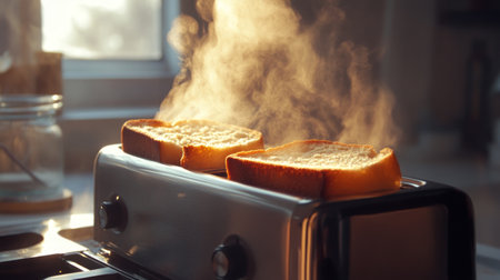 A close-up of a retro-style toaster with freshly toasted bread slices emerging, steam rising.の素材