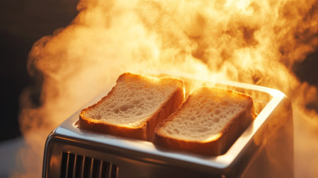 A close-up of a retro-style toaster with freshly toasted bread slices emerging, steam rising.の素材