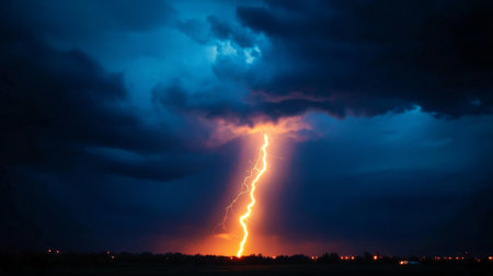 A bolt of lightning illuminating the night sky during a fierce thunderstorm.の素材