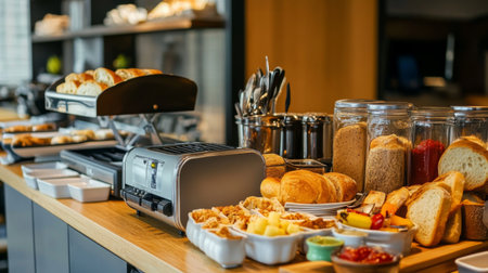 A hotel breakfast buffet with a commercial toaster, fresh bread, and condiments neatly arranged.の素材
