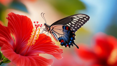 A close-up of a butterfly with intricate wing patterns hovering over a bright red hibiscus flower.の素材