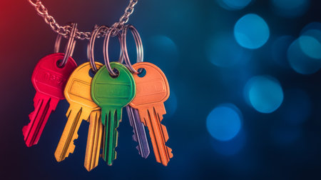 A set of colorful keys hanging from a keychain, representing uniqueness and diversity.の素材