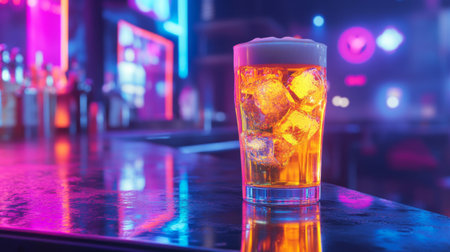 A frosty beer glass with ice, sitting on a bar counter with a blurred neon-lit background.の素材