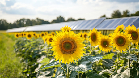 A field of sunflowers growing next to a solar panel array, blending agriculture with renewable energy.の素材