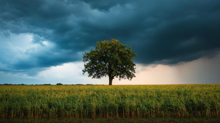 A lone tree standing in the middle of a field, surrounded by ominous storm clouds.の素材