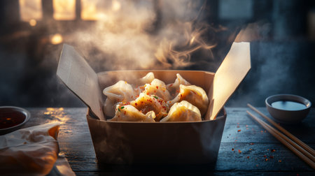A takeaway box of steaming hot dumplings, served with soy sauce and chili oil.の素材