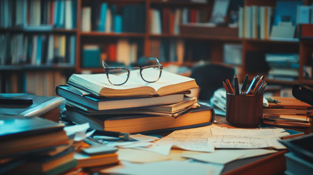 A messy desk with a pile of books, scattered papers, and a pair of reading glasses.の素材