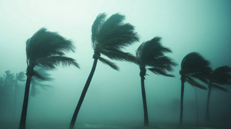 A dramatic shot of palm trees bending under extreme wind conditions.の素材