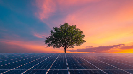 A lone tree standing next to a solar farm, symbolizing the balance between nature and technology.の素材