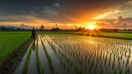 A serene sunset over a rice field, with a farmer walking home after a long day.の素材