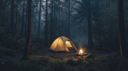 A minimalist camping setup with a single tent and a small fire in the middle of a dense forest.の素材