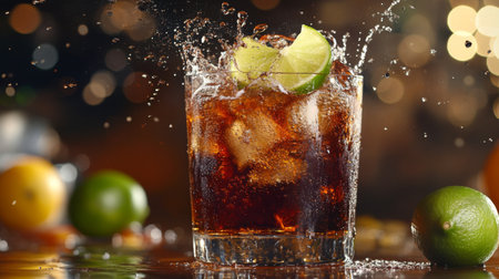 A refreshing soda with ice, lime wedges, and a splash of carbonation captured in motion.の素材