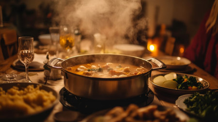 A large pot of boiling hot broth with steam rising, set in the middle of a family dinner table.の素材