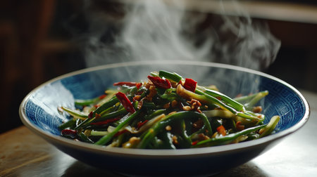 A steaming dish of stir-fried morning glory with garlic, chili, and a rich brown sauce, served on a blue ceramic plate.の素材