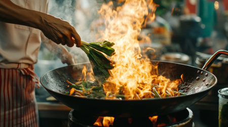 A street food vendor skillfully tossing morning glory in a wok with high flames, creating an authentic Thai dish.の素材
