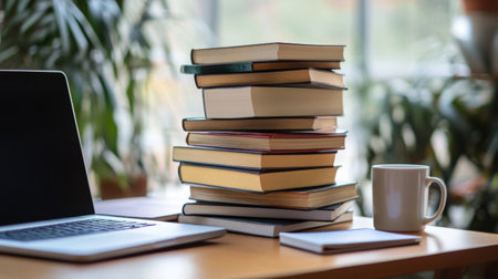 A tall stack of books on a wooden office desk, with a laptop and coffee cup beside it.の素材