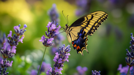 A swallowtail butterfly drinking nectar from a lavender flower, surrounded by lush greenery.の素材