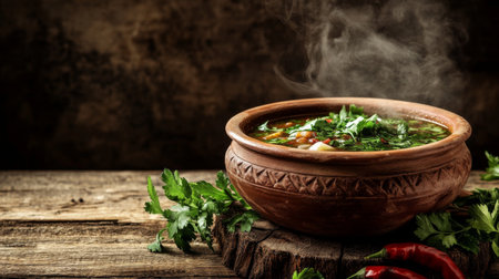 A traditional clay pot filled with steaming hot curry, placed on a rustic wooden surface with fresh herbs.の素材