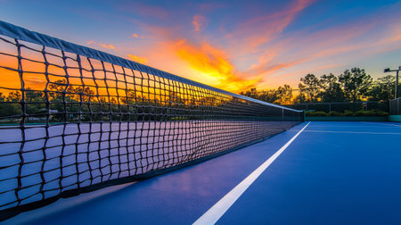 An empty tennis court at sunset, with the net in the foreground and the vibrant sky reflecting on the court's surface, creating a serene atmosphere.の素材