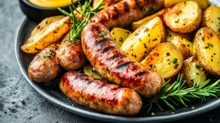 A beautifully styled plate of sausages, served with roasted potatoes and a side of mustard, garnished with fresh rosemary and thyme for a gourmet touch.の素材