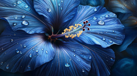 An artistic view of a blue hibiscus flower with droplets of water on its petals, showcasing the rich colors and textures enhanced by the glistening moisture.の素材