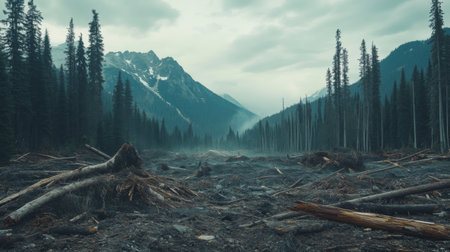 An expansive view of a clear-cut area of a forest, contrasted with adjacent thriving trees, illustrating the impact of deforestation and the need for conservation.の素材