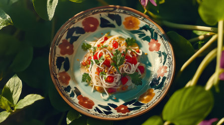 A beautifully plated traditional Thai dish, garnished with fresh herbs and served on a colorful ceramic plate, highlighting the artistry of Thai culinary presentation.の素材