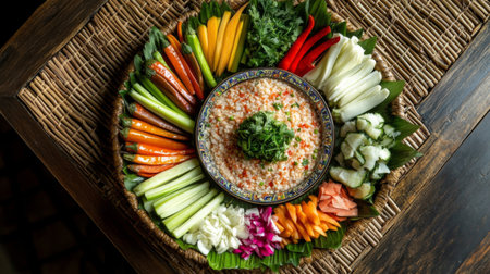 A beautifully styled platter of various fresh vegetables arranged around a bowl of shrimp paste chili dip , placed on a traditional woven mat.の素材