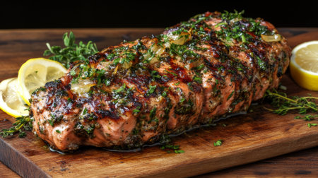 A beautifully grilled salmon steak garnished with fresh herbs and lemon slices, resting on a wooden cutting board with a rustic backdrop, highlighting its vibrant color.の素材