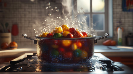 A close-up of a bubbling pot on the stove, with steam rising and colorful vegetables visible, showcasing the excitement of cooking in action.の素材
