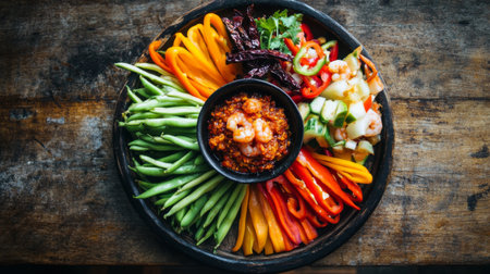 A beautifully styled plate of colorful fresh vegetables like bell peppers, carrots, and long beans, surrounding a bowl of chili paste with dried shrimp on top.の素材