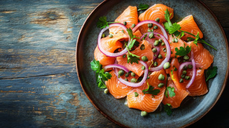A beautifully arranged plate of smoked salmon with capers and red onions, served on a rustic wooden table, evoking a classic brunch or appetizer setting.の素材