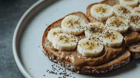A beautifully styled shot of toasted bread with a spread of almond butter, topped with sliced bananas and chia seeds, arranged on a white plate with soft natural lighting.の素材