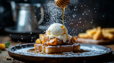A close-up of a beautifully presented honey toast topped with a scoop of vanilla ice cream, drizzled with honey, and sprinkled with powdered sugar on a rustic wooden table.の素材