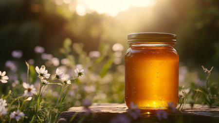 A glass jar of golden honey glowing under natural light, with wildflowers in the background.の素材