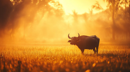 A lone water buffalo standing in a rice field, surrounded by golden evening light.の素材
