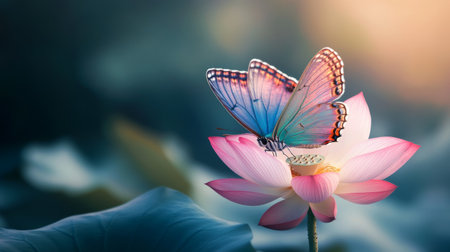 A butterfly with iridescent wings gracefully perched on a blooming lotus flower in a tranquil garden.の素材
