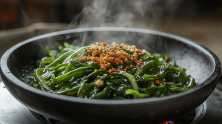 A sizzling wok filled with stir-fried morning glory, soy sauce, and crispy garlic, steaming under high heat.の素材