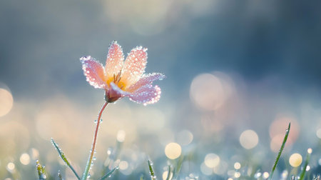 An artistic composition of a single flower stem with dew-covered petals against a blurred background, capturing the freshness of nature and the beauty of early mornings.の素材