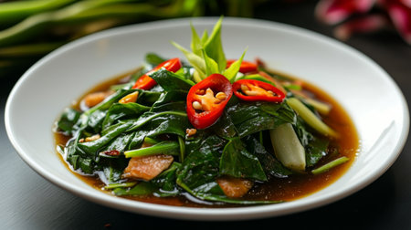 A beautifully plated dish of stir-fried morning glory with oyster sauce, glistening with rich flavors.の素材