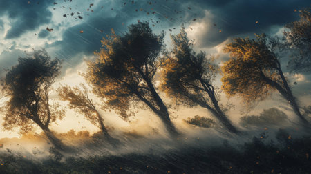 Tall trees bending under the force of powerful winds, leaves flying through the air.の素材