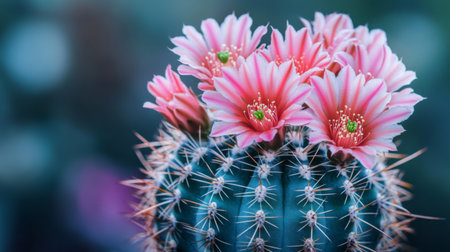 A macro shot of a blooming cactus  with delicate pink flowers.の素材