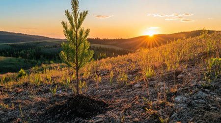 An artistic shot of a lone tree being planted on a hillside, with the sun setting in the background, symbolizing hope and new beginnings in nature.の素材
