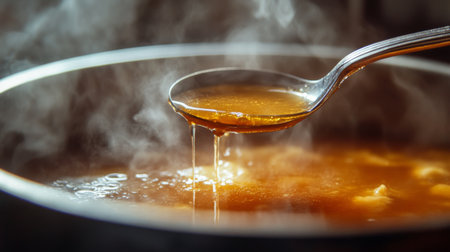 A close-up of a ladle scooping steaming hot soup from a pot, with rich broth dripping back inside.の素材