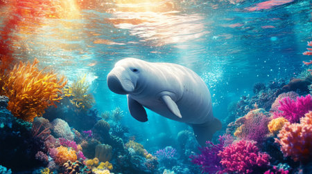 An underwater view of a dugong surfacing for air, with a backdrop of colorful coral formations and shimmering sunlight, creating a captivating marine scene.の素材