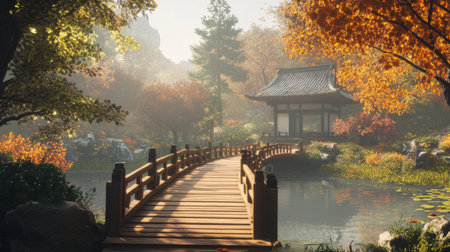 A beautiful wooden bridge leading to a Japanese tea house, surrounded by vibrant greenery and colorful flowers, enhancing the tranquility of the landscape.の素材